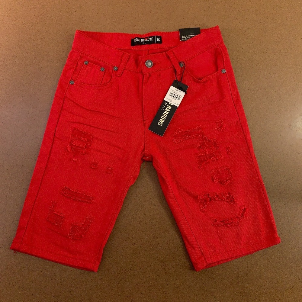 Road Narrows Boys Size 16 Slim Fit Red Ripped Denim Shorts NWT